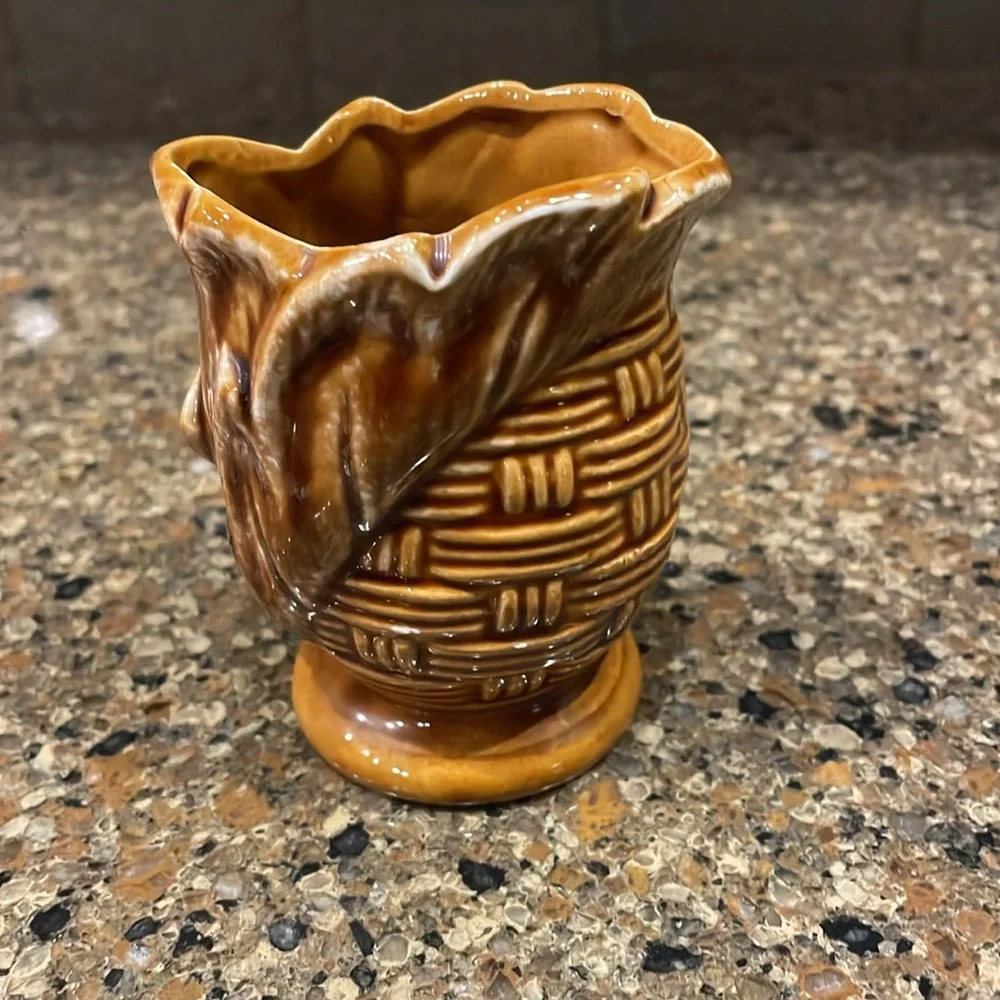 Vintage MCM Basketweave Floral Sealy Quality Japan Mini Vase Toothpick Holder